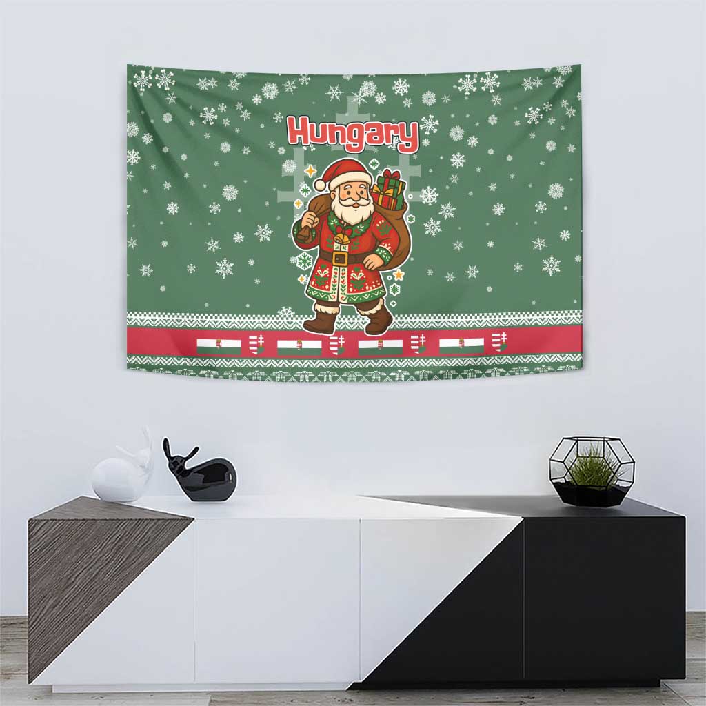 Hungary Christmas Tapestry with Green Snowflake Pattern Santa Claus Motif - Wonder Print Shop