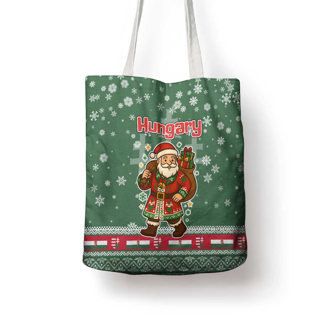 Hungary Christmas Tote Bag with Green Snowflake Pattern Santa Claus Motif - Wonder Print Shop