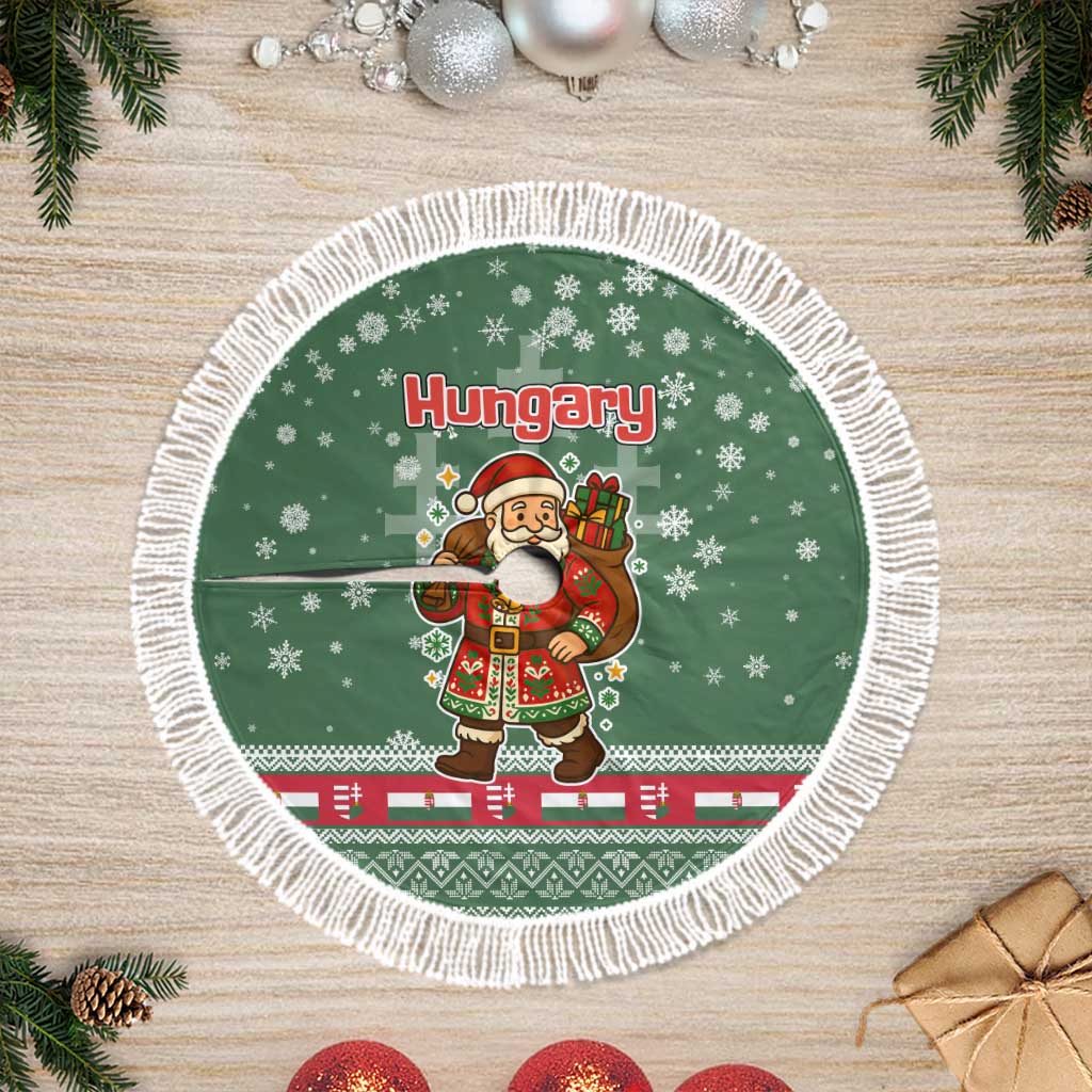 Hungary Christmas Tree Skirt with Green Snowflake Pattern Santa Claus Motif - Wonder Print Shop