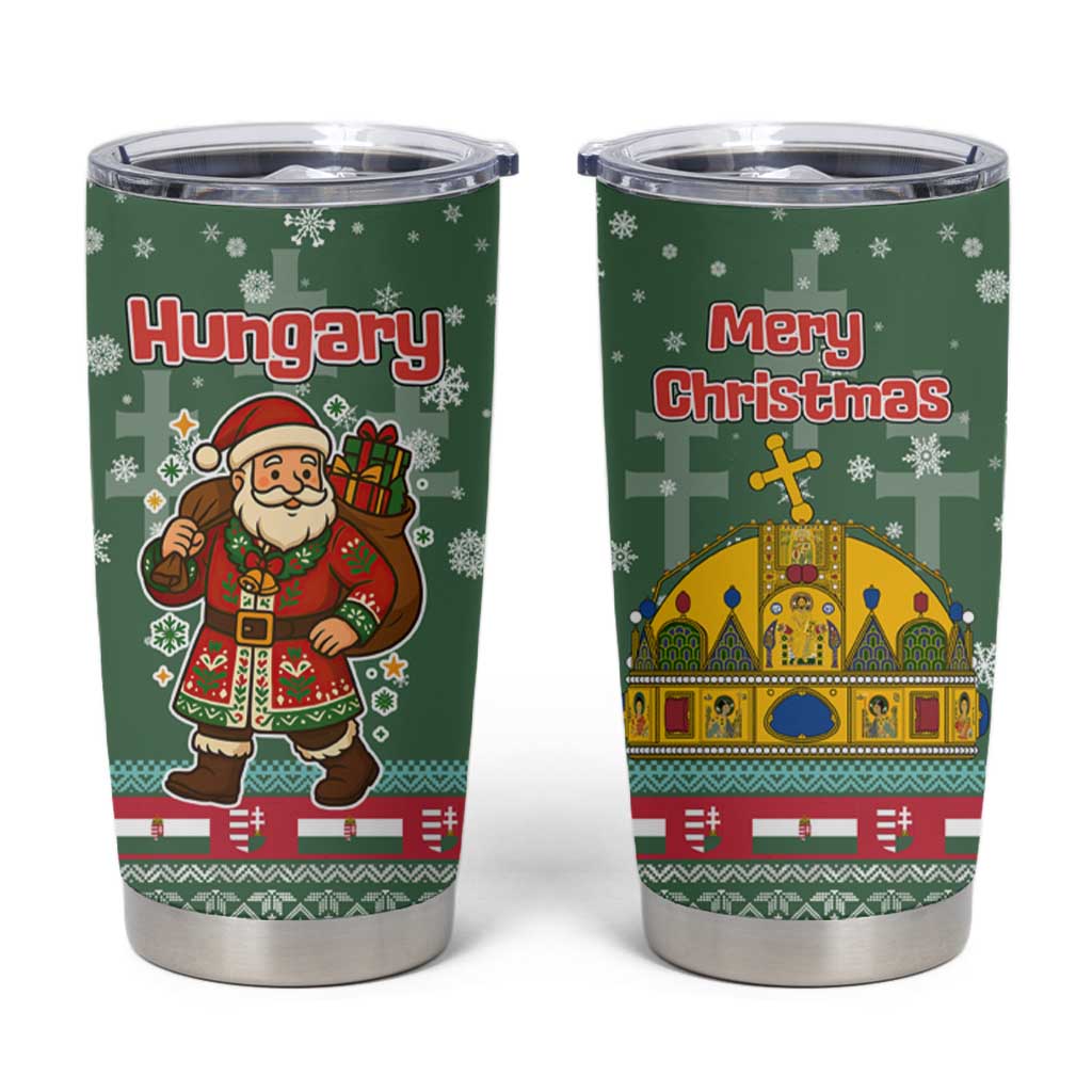 Hungary Christmas Tumbler Cup with Green Snowflake Pattern Santa Claus Motif - Wonder Print Shop