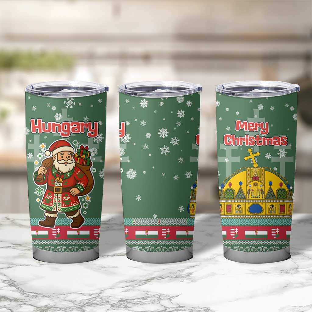 Hungary Christmas Tumbler Cup with Green Snowflake Pattern Santa Claus Motif - Wonder Print Shop
