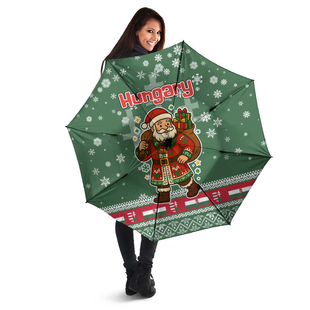 Hungary Christmas Umbrella with Green Snowflake Pattern Santa Claus Motif - Wonder Print Shop