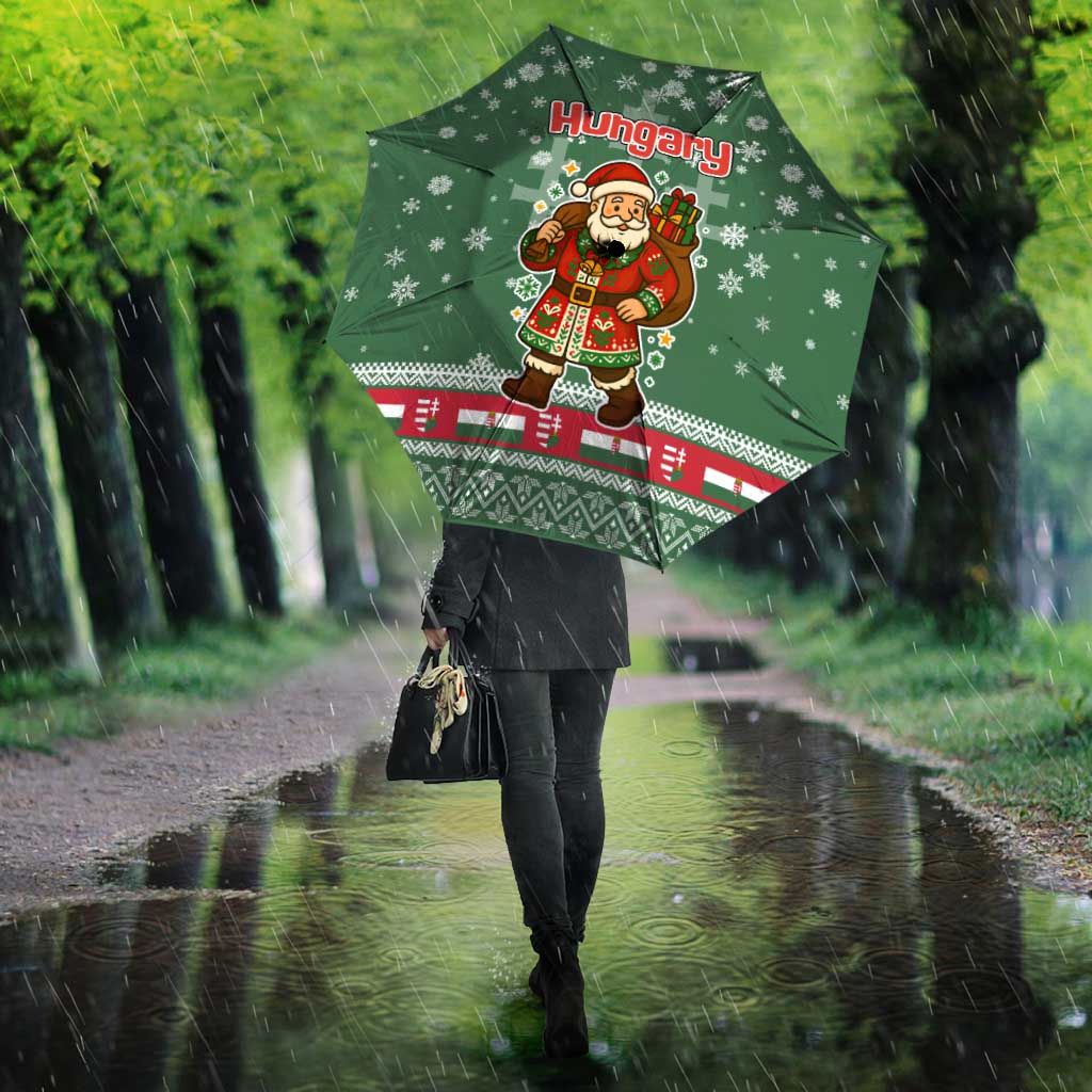 Hungary Christmas Umbrella with Green Snowflake Pattern Santa Claus Motif - Wonder Print Shop