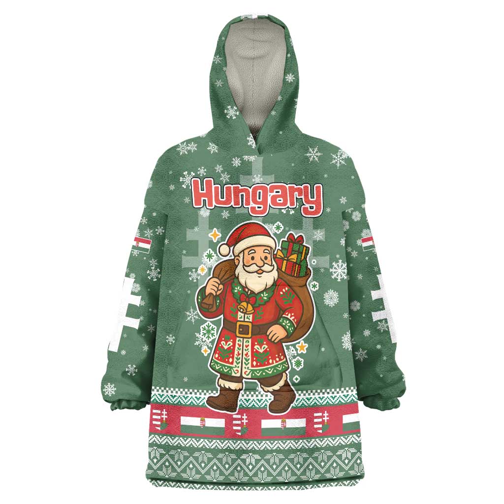 Hungary Christmas Wearable Blanket Hoodie with Green Snowflake Pattern Santa Claus Motif - Wonder Print Shop