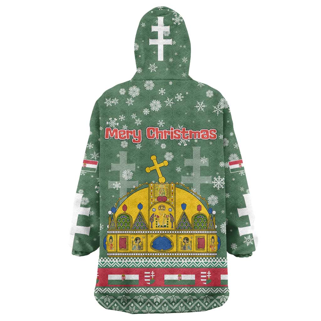 Hungary Christmas Wearable Blanket Hoodie with Green Snowflake Pattern Santa Claus Motif - Wonder Print Shop