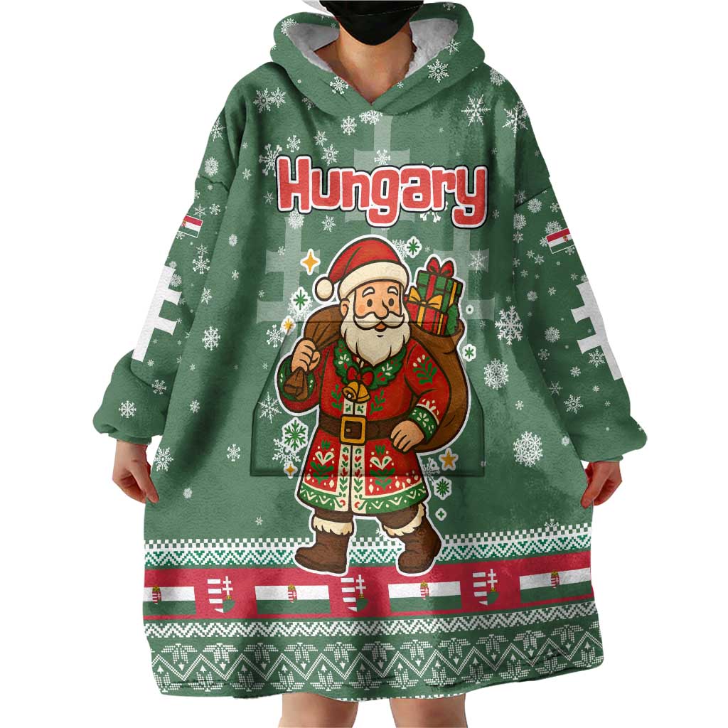Hungary Christmas Wearable Blanket Hoodie with Green Snowflake Pattern Santa Claus Motif - Wonder Print Shop
