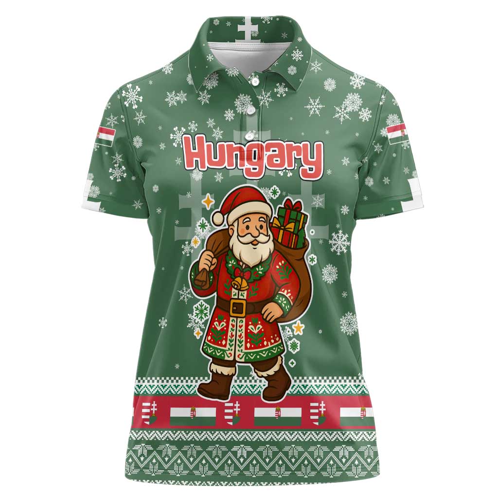 Hungary Christmas Women Polo Shirt with Green Snowflake Pattern Santa Claus Motif - Wonder Print Shop