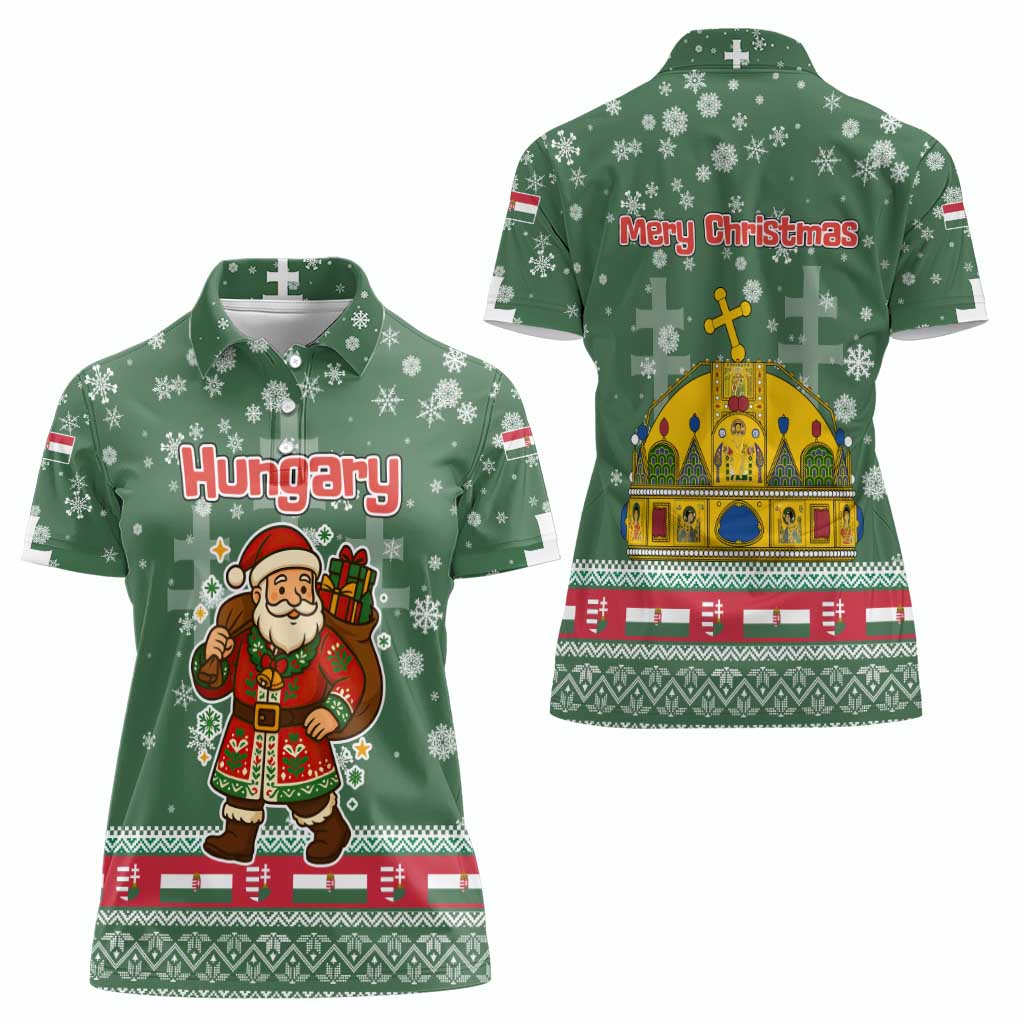 Hungary Christmas Women Polo Shirt with Green Snowflake Pattern Santa Claus Motif - Wonder Print Shop