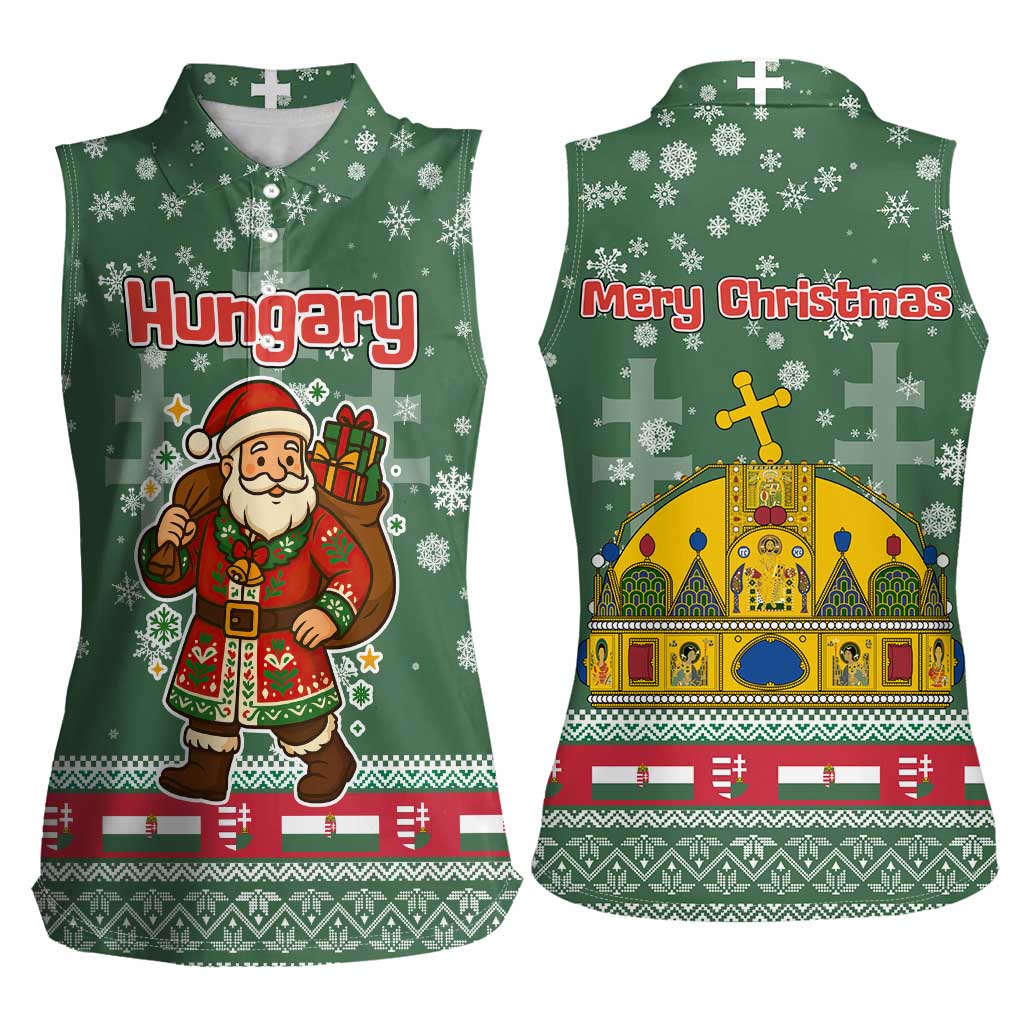 Hungary Christmas Women Sleeveless Polo Shirt with Green Snowflake Pattern Santa Claus Motif - Wonder Print Shop