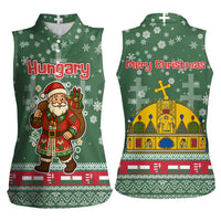 Hungary Christmas Women Sleeveless Polo Shirt with Green Snowflake Pattern Santa Claus Motif - Wonder Print Shop