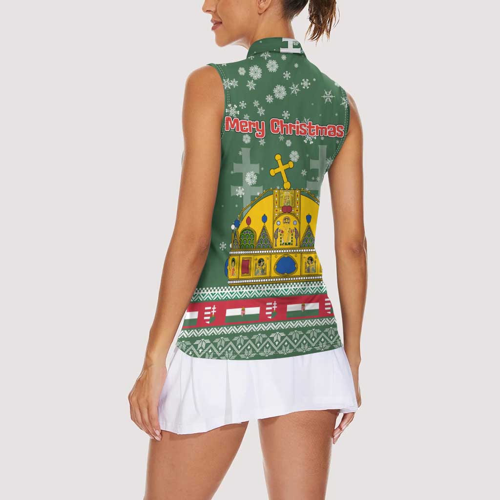 Hungary Christmas Women Sleeveless Polo Shirt with Green Snowflake Pattern Santa Claus Motif - Wonder Print Shop