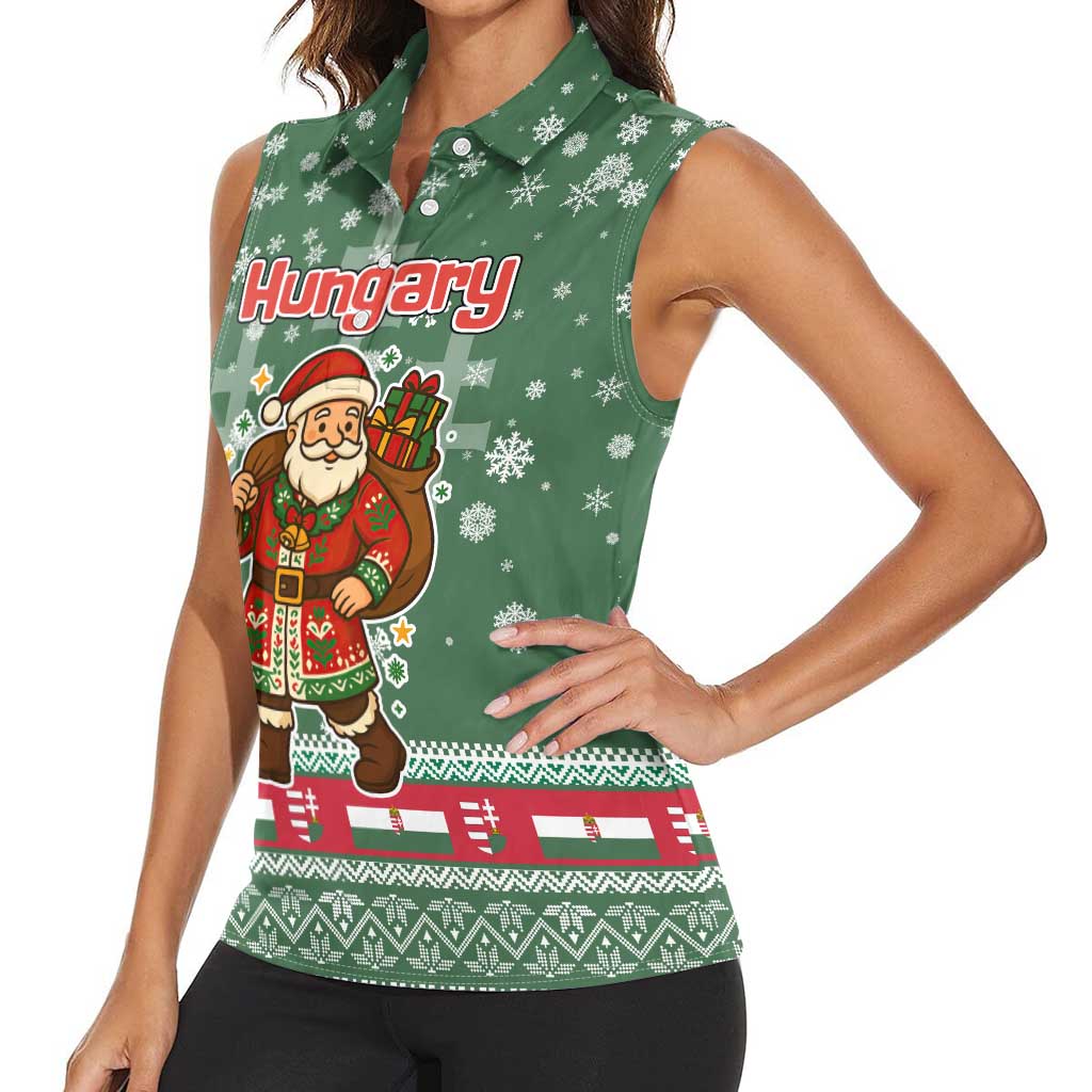 Hungary Christmas Women Sleeveless Polo Shirt with Green Snowflake Pattern Santa Claus Motif - Wonder Print Shop