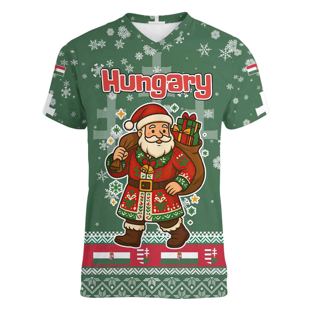 Hungary Christmas Women V-Neck T-Shirt with Green Snowflake Pattern Santa Claus Motif - Wonder Print Shop