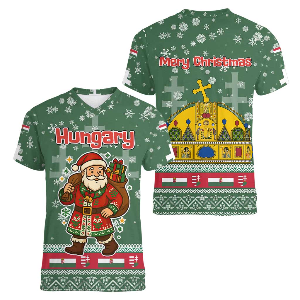 Hungary Christmas Women V-Neck T-Shirt with Green Snowflake Pattern Santa Claus Motif - Wonder Print Shop