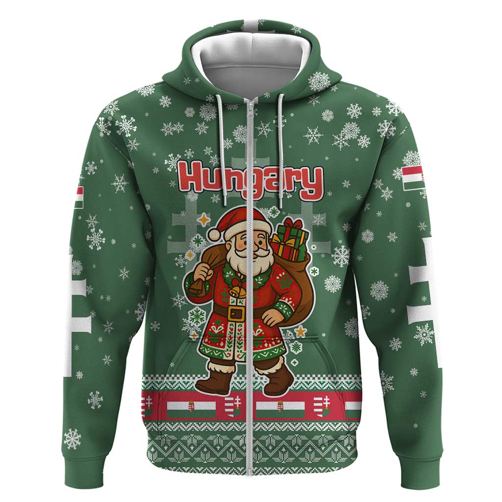 Hungary Christmas Zip Hoodie with Green Snowflake Pattern Santa Claus Motif - Wonder Print Shop