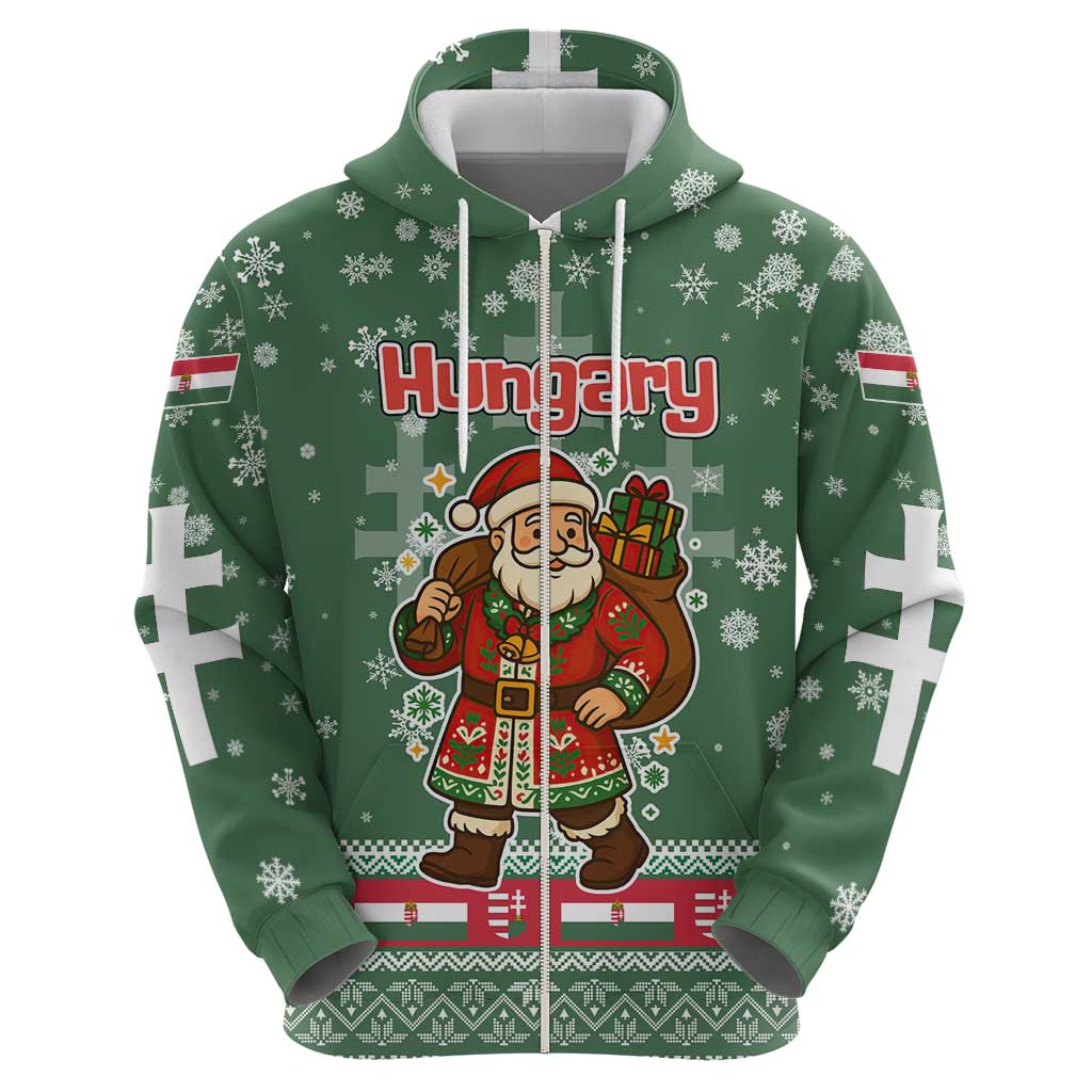 Hungary Christmas Zip Hoodie with Green Snowflake Pattern Santa Claus Motif - Wonder Print Shop
