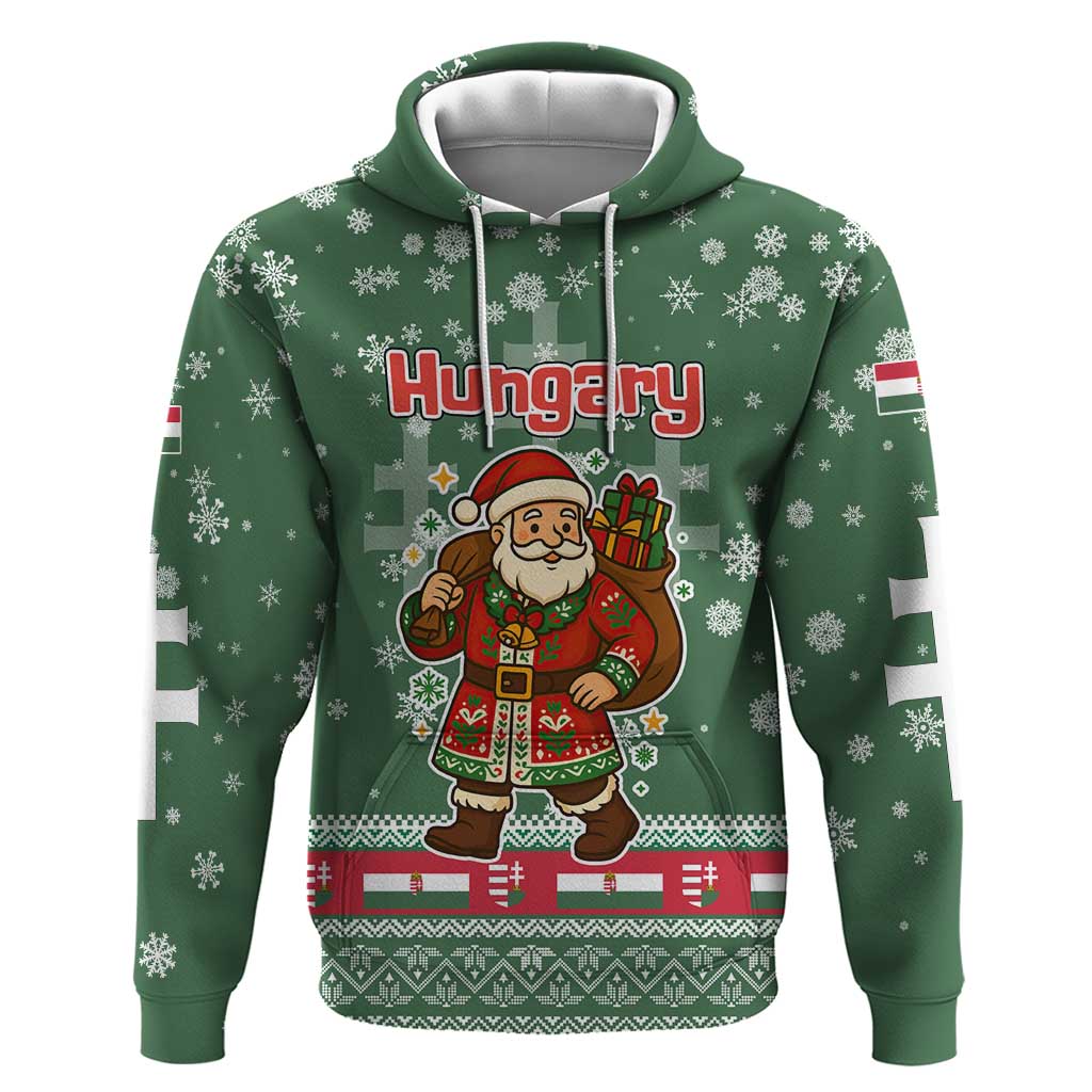 Hungary Christmas Zip Hoodie with Green Snowflake Pattern Santa Claus Motif - Wonder Print Shop