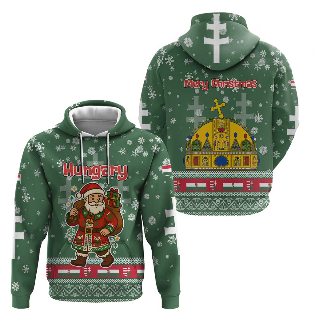 Hungary Christmas Zip Hoodie with Green Snowflake Pattern Santa Claus Motif - Wonder Print Shop