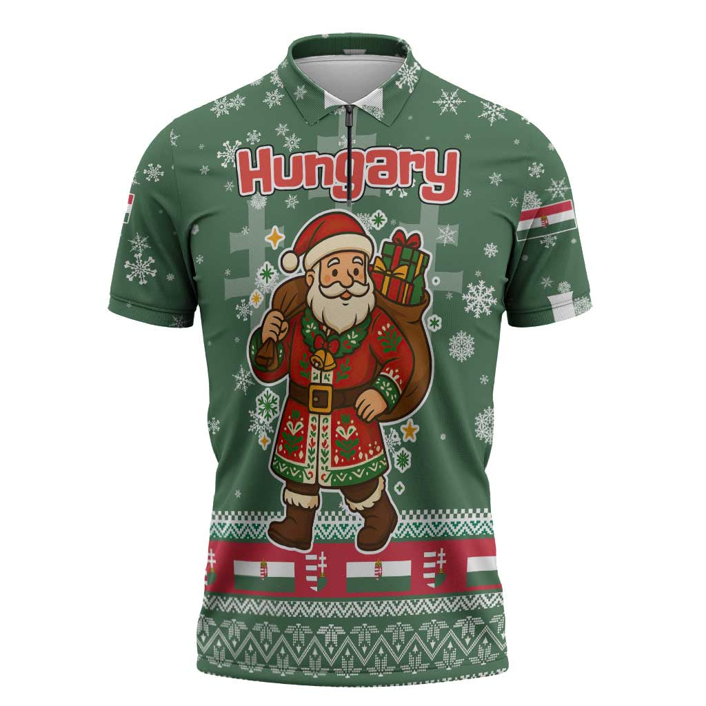 Hungary Christmas Zipper Polo Shirt with Green Snowflake Pattern Santa Claus Motif - Wonder Print Shop