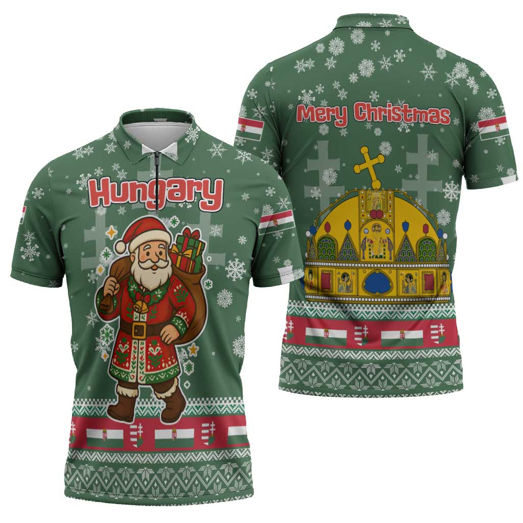 Hungary Christmas Zipper Polo Shirt with Green Snowflake Pattern Santa Claus Motif - Wonder Print Shop