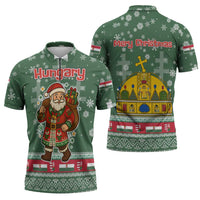 Hungary Christmas Zipper Polo Shirt with Green Snowflake Pattern Santa Claus Motif - Wonder Print Shop