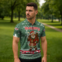 Hungary Christmas Zipper Polo Shirt with Green Snowflake Pattern Santa Claus Motif - Wonder Print Shop