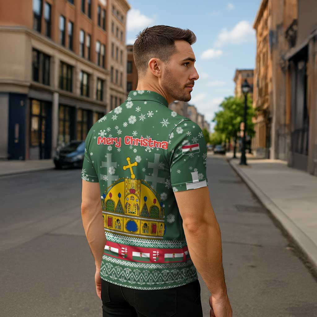 Hungary Christmas Zipper Polo Shirt with Green Snowflake Pattern Santa Claus Motif - Wonder Print Shop