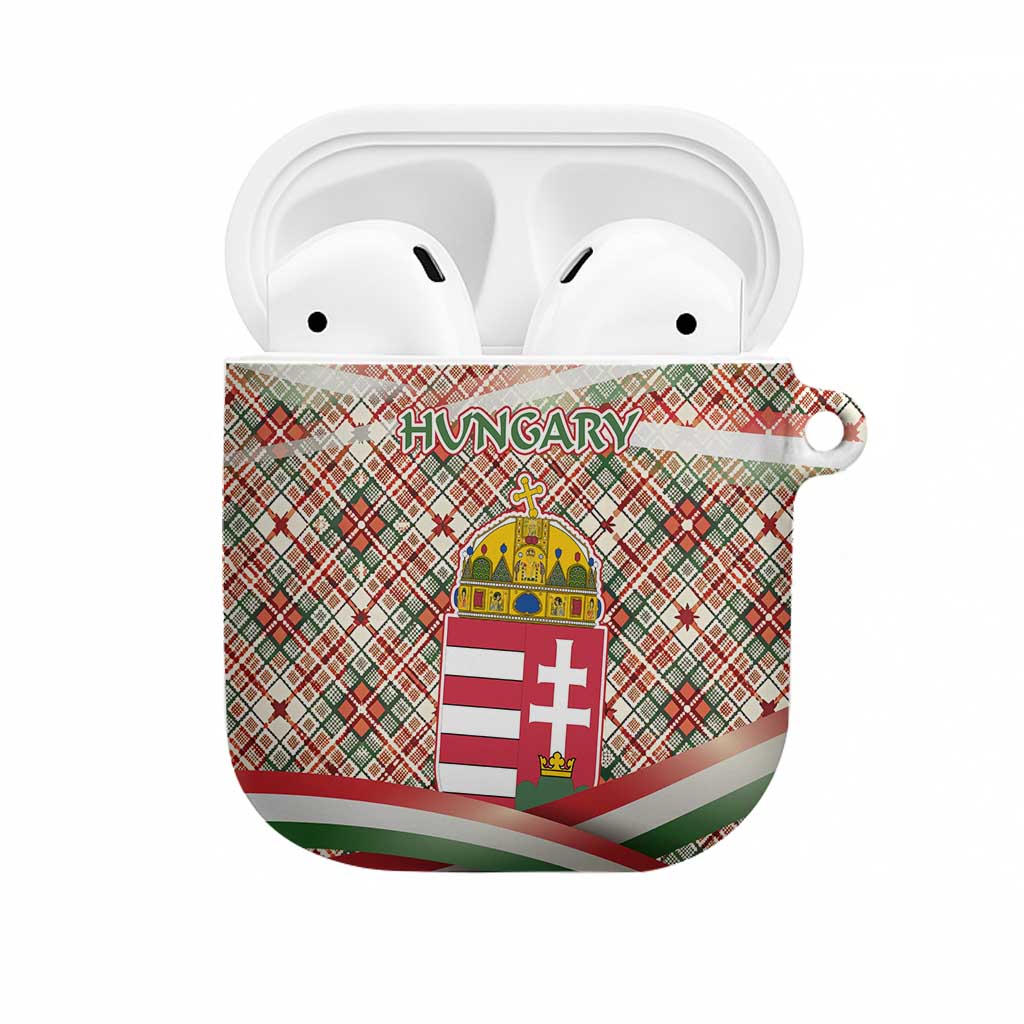 Hungary Christmas AirPods Case with Red Green Plaid Pattern Crown and Double Cross Motif - Wonder Print Shop
