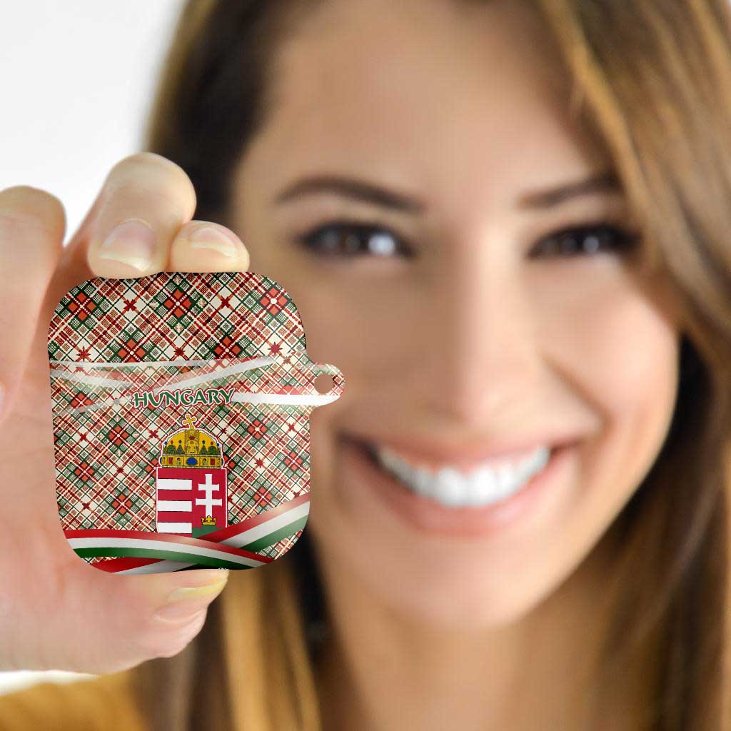 Hungary Christmas AirPods Case with Red Green Plaid Pattern Crown and Double Cross Motif - Wonder Print Shop