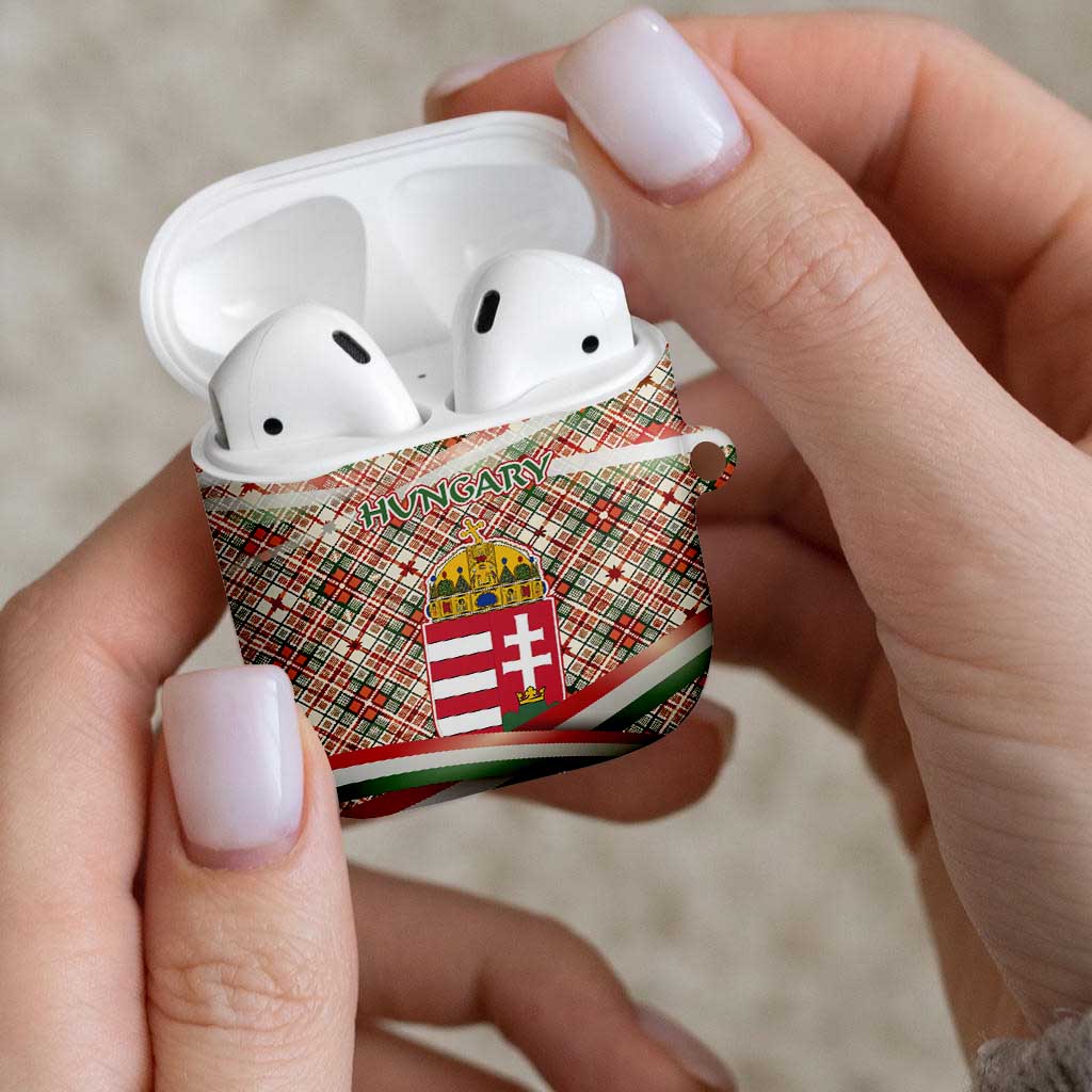 Hungary Christmas AirPods Case with Red Green Plaid Pattern Crown and Double Cross Motif - Wonder Print Shop