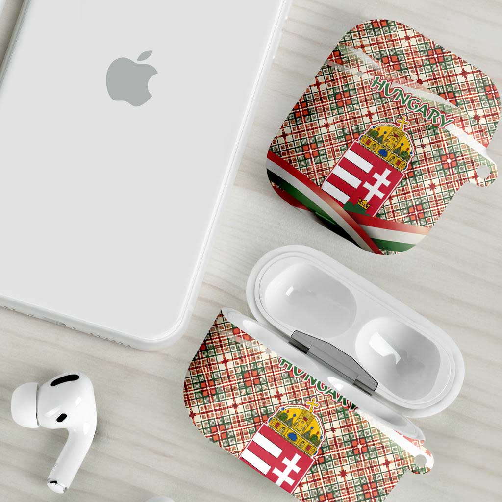 Hungary Christmas AirPods Case with Red Green Plaid Pattern Crown and Double Cross Motif - Wonder Print Shop