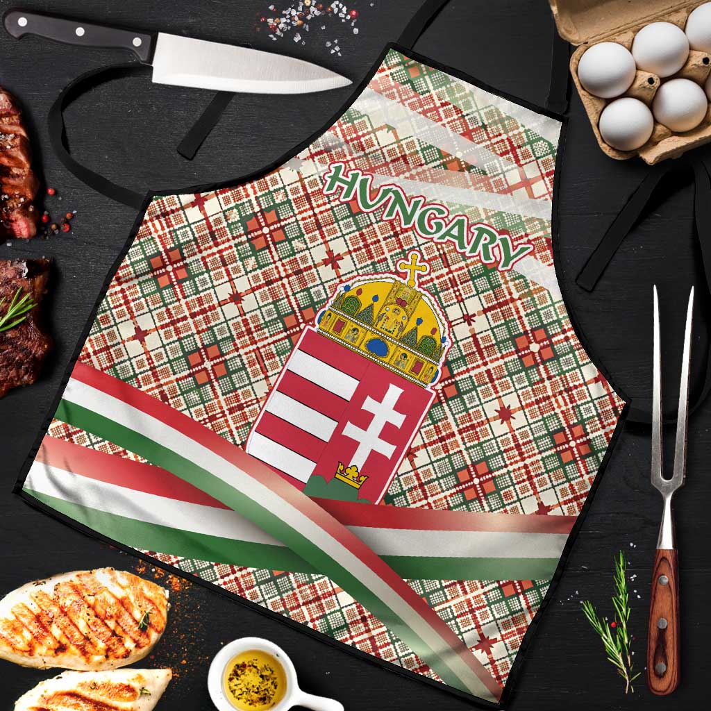 Hungary Christmas Apron with Red Green Plaid Pattern Crown and Double Cross Motif - Wonder Print Shop