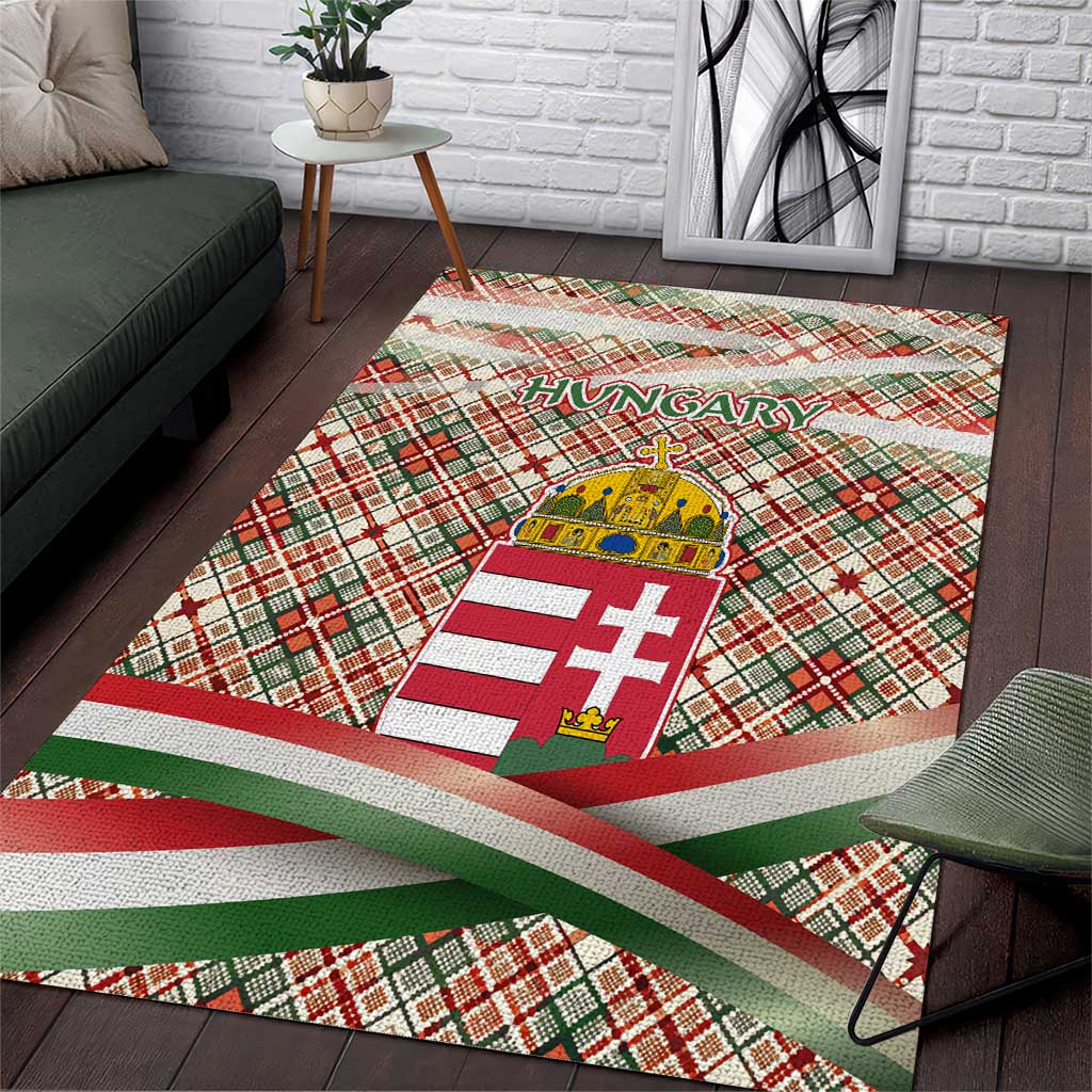 Hungary Christmas Area Rug with Red Green Plaid Pattern Crown and Double Cross Motif - Wonder Print Shop