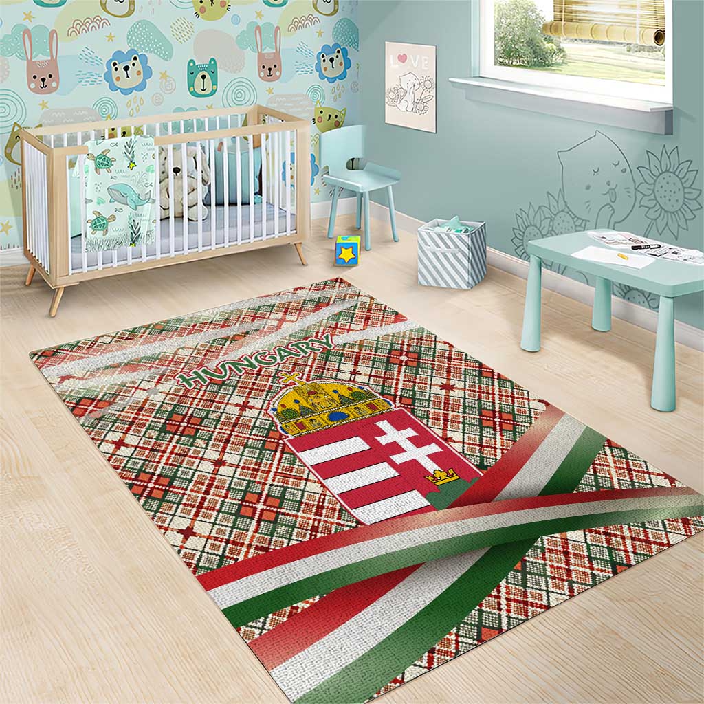 Hungary Christmas Area Rug with Red Green Plaid Pattern Crown and Double Cross Motif - Wonder Print Shop
