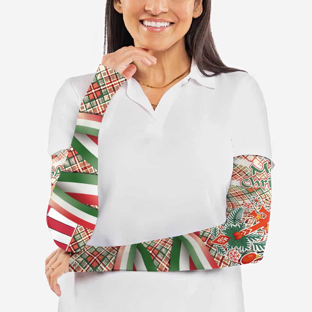 Hungary Christmas Arm Sleeves with Red Green Plaid Pattern Crown and Double Cross Motif - Wonder Print Shop