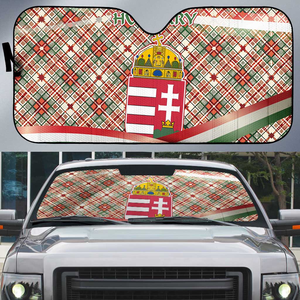 Hungary Christmas Auto Sun Shade with Red Green Plaid Pattern Crown and Double Cross Motif - Wonder Print Shop