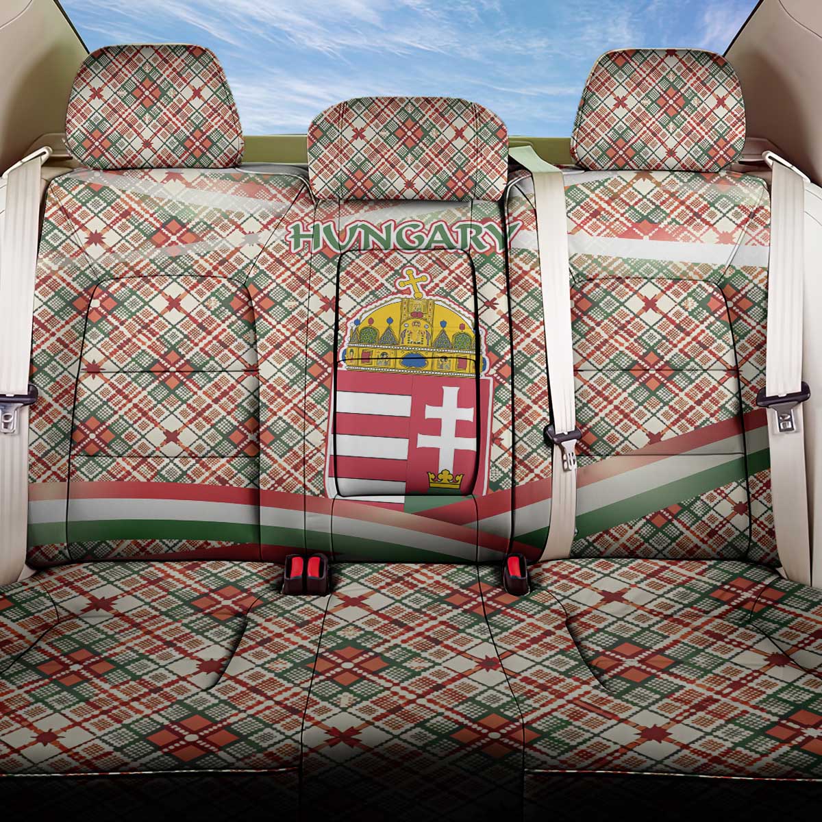 Hungary Christmas Back Car Seat Cover with Red Green Plaid Pattern Crown and Double Cross Motif - Wonder Print Shop