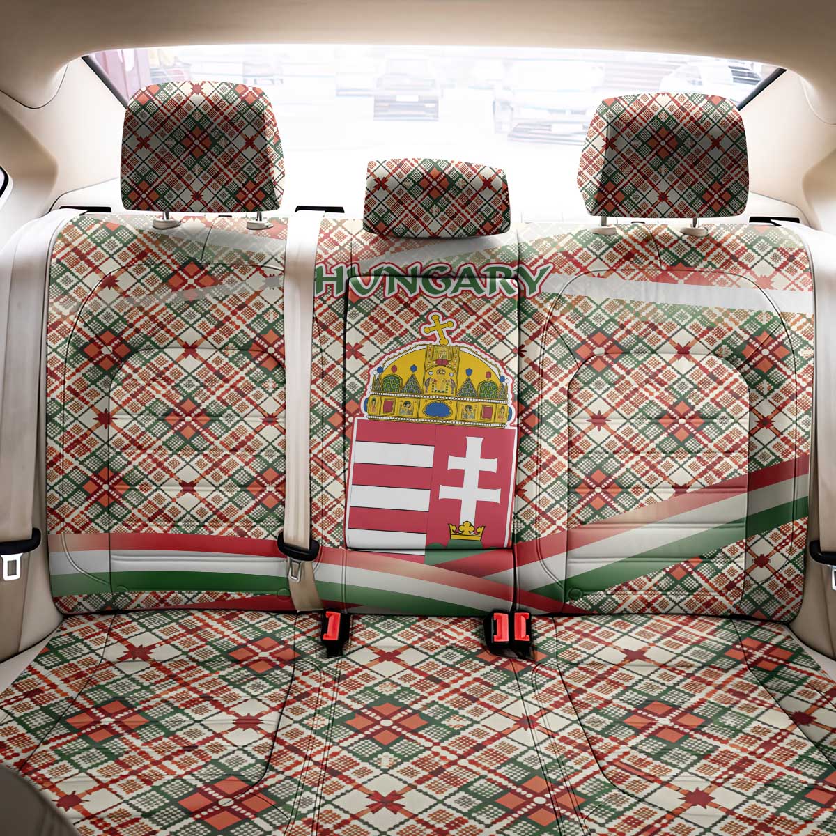 Hungary Christmas Back Car Seat Cover with Red Green Plaid Pattern Crown and Double Cross Motif - Wonder Print Shop