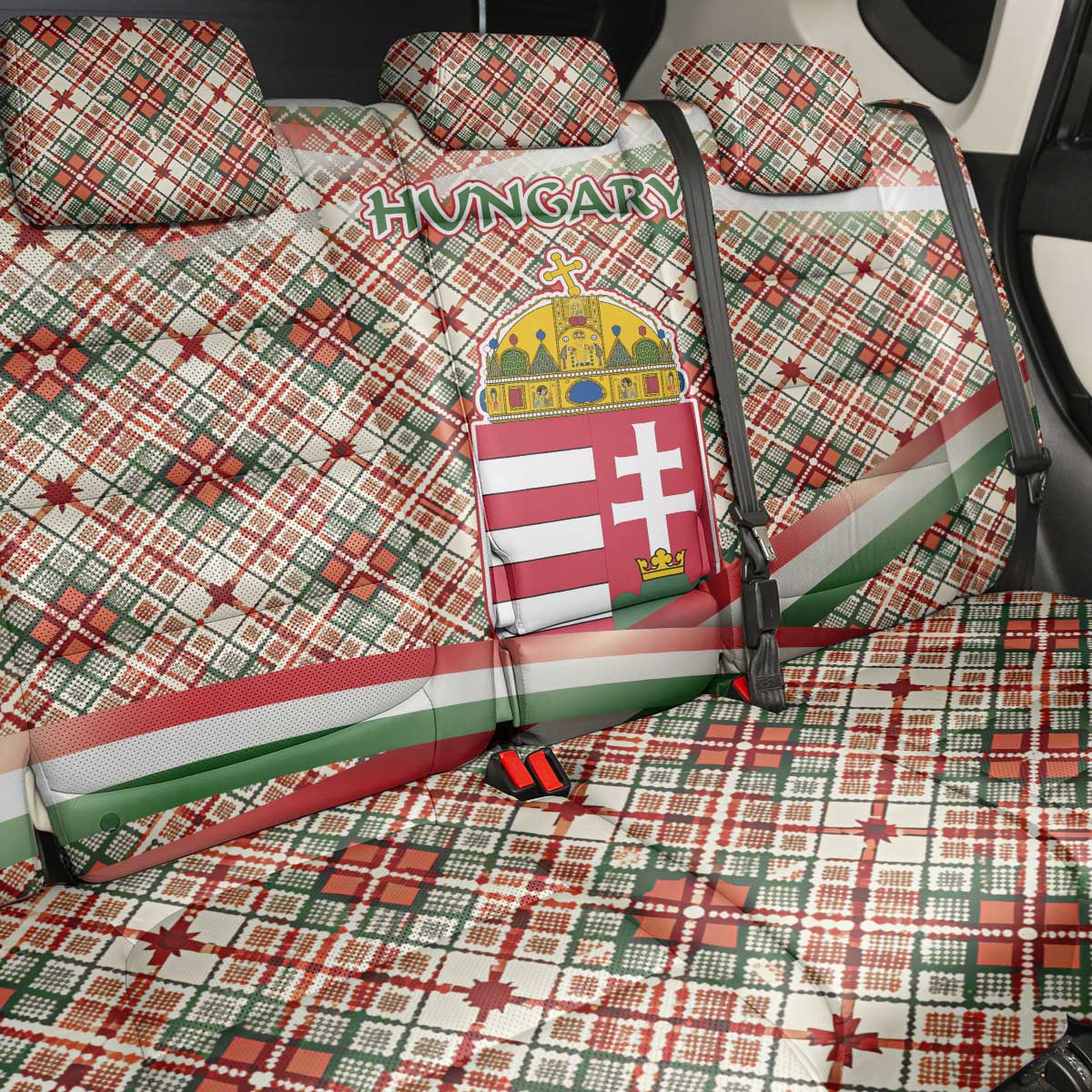 Hungary Christmas Back Car Seat Cover with Red Green Plaid Pattern Crown and Double Cross Motif - Wonder Print Shop