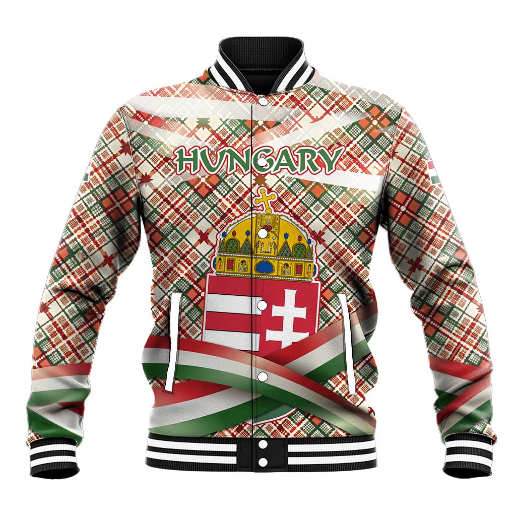 Hungary Christmas Baseball Jacket with Red Green Plaid Pattern Crown and Double Cross Motif - Wonder Print Shop