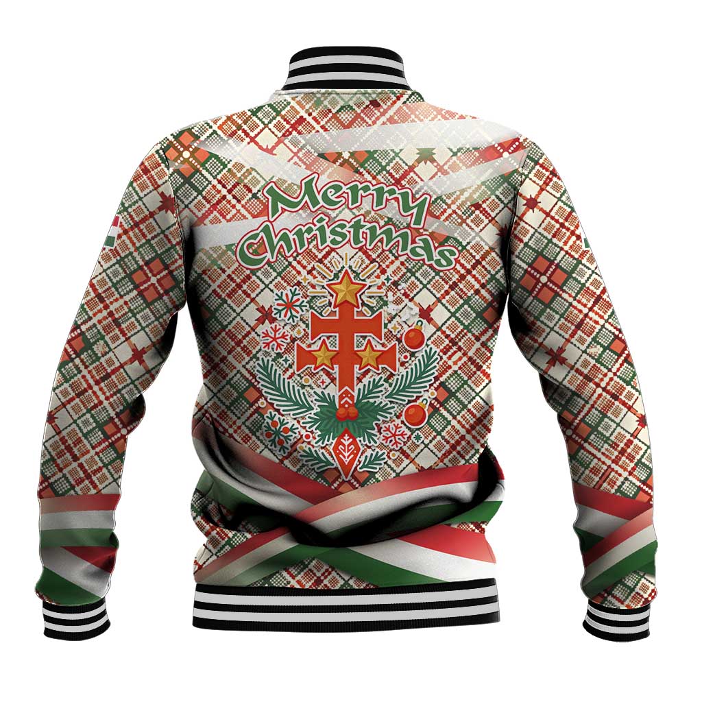 Hungary Christmas Baseball Jacket with Red Green Plaid Pattern Crown and Double Cross Motif - Wonder Print Shop