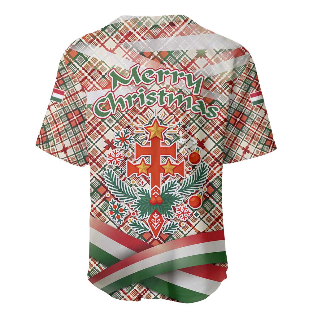 Hungary Christmas Baseball Jersey with Red Green Plaid Pattern Crown and Double Cross Motif - Wonder Print Shop