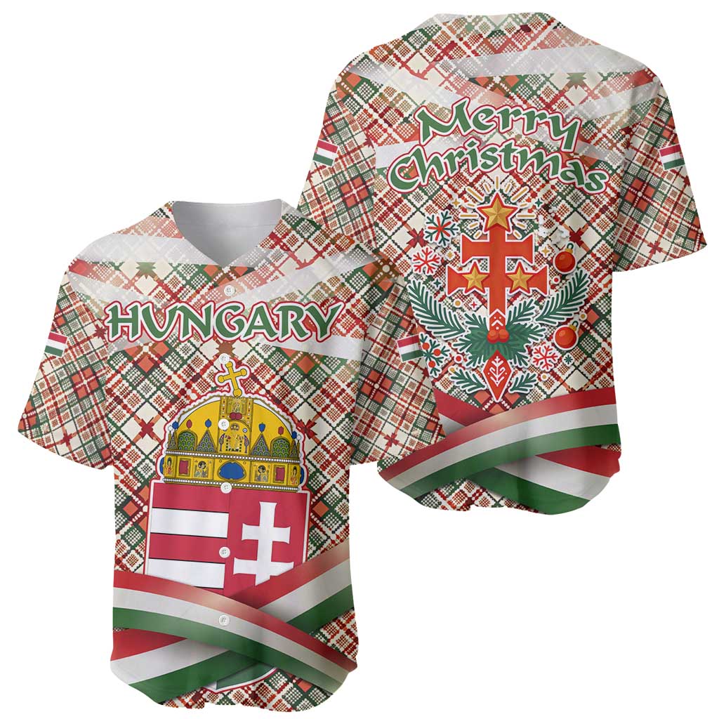 Hungary Christmas Baseball Jersey with Red Green Plaid Pattern Crown and Double Cross Motif - Wonder Print Shop