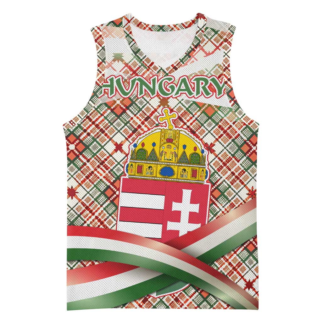 Hungary Christmas Basketball Jersey with Red Green Plaid Pattern Crown and Double Cross Motif - Wonder Print Shop