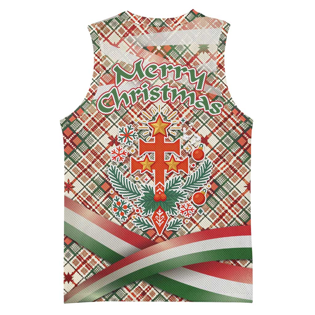 Hungary Christmas Basketball Jersey with Red Green Plaid Pattern Crown and Double Cross Motif - Wonder Print Shop