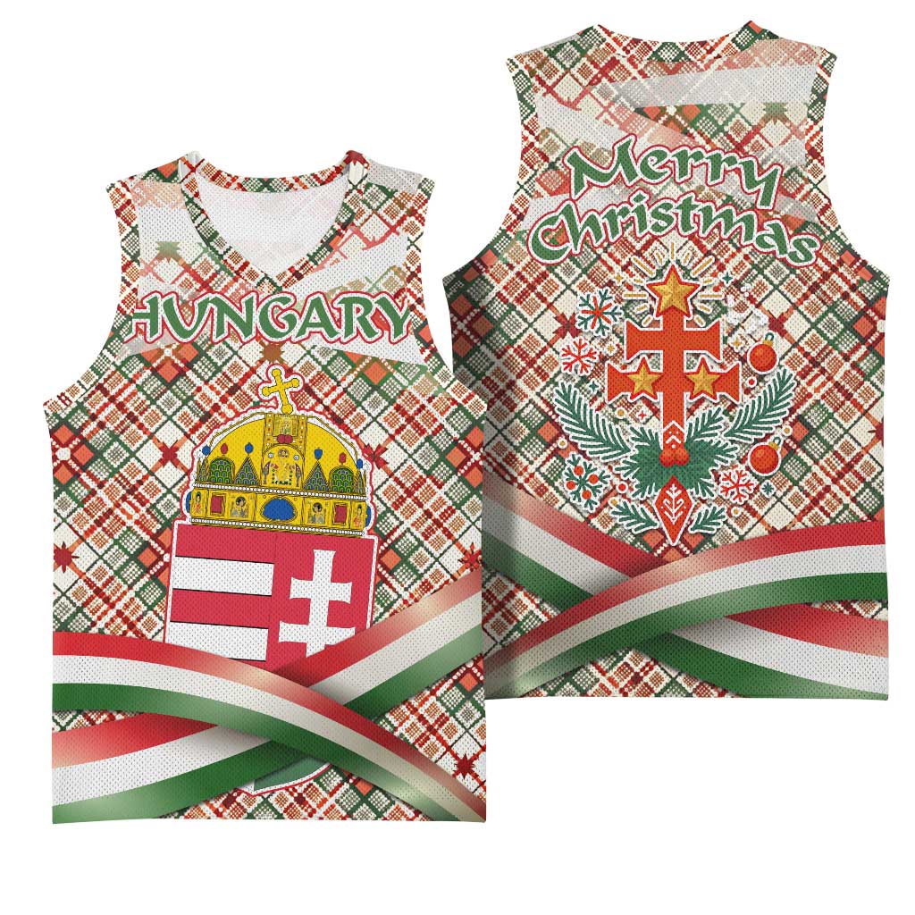 Hungary Christmas Basketball Jersey with Red Green Plaid Pattern Crown and Double Cross Motif - Wonder Print Shop