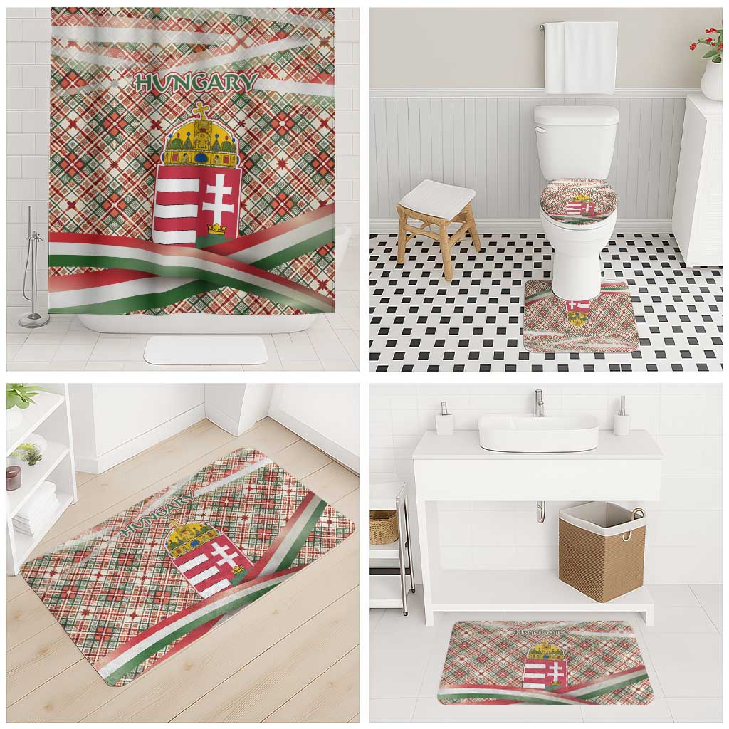 Hungary Christmas Bathroom Set with Red Green Plaid Pattern Crown and Double Cross Motif - Wonder Print Shop
