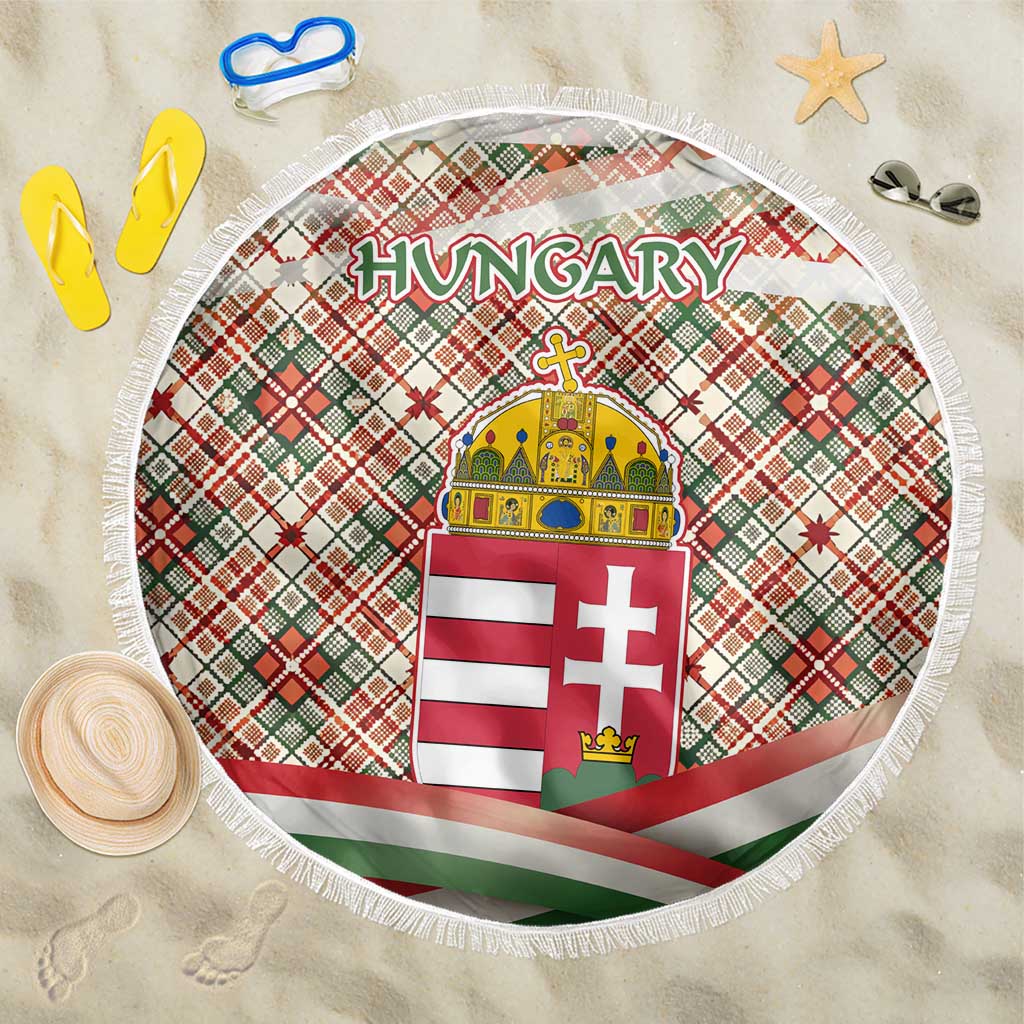 Hungary Christmas Beach Blanket with Red Green Plaid Pattern Crown and Double Cross Motif - Wonder Print Shop