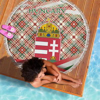 Hungary Christmas Beach Blanket with Red Green Plaid Pattern Crown and Double Cross Motif - Wonder Print Shop