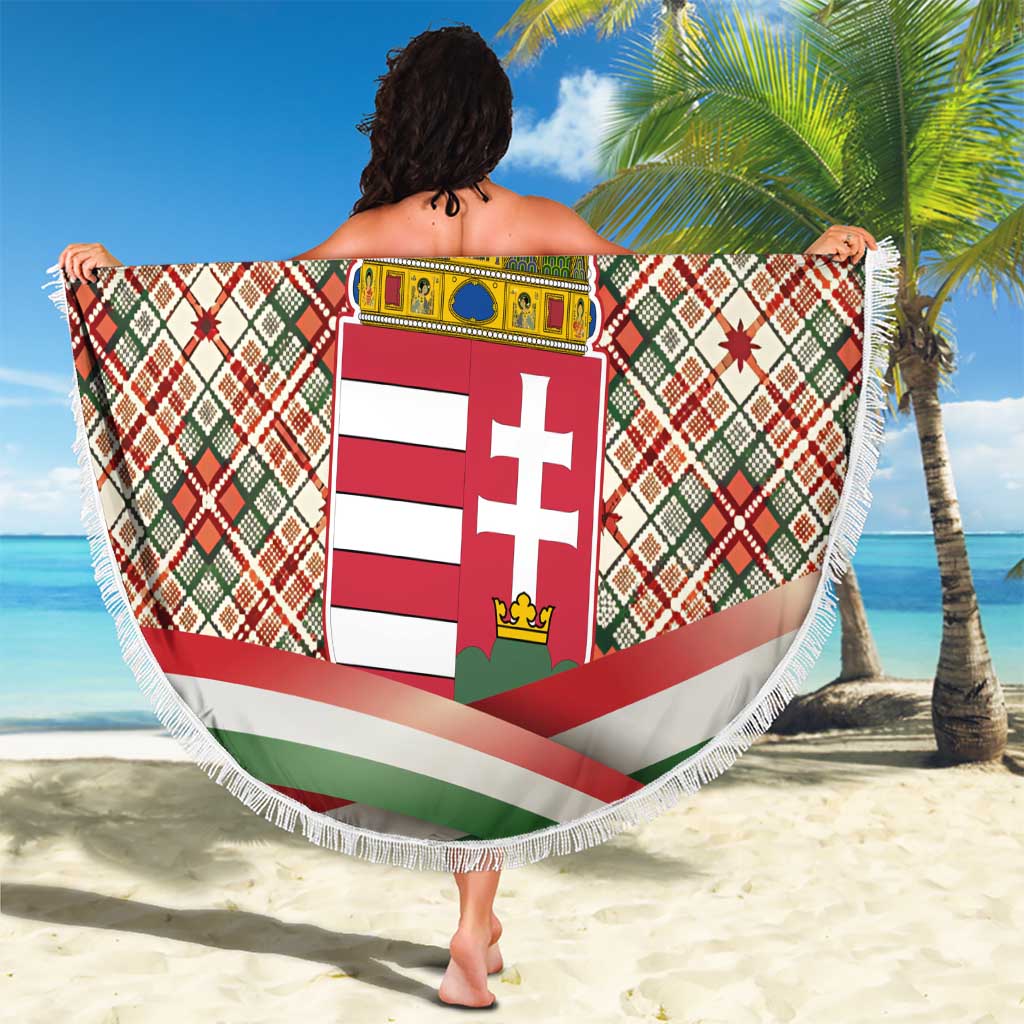 Hungary Christmas Beach Blanket with Red Green Plaid Pattern Crown and Double Cross Motif - Wonder Print Shop